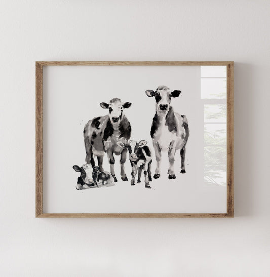 Cow Family of 4 Watercolor Art Print - Art Prints - Moon Rock Prints