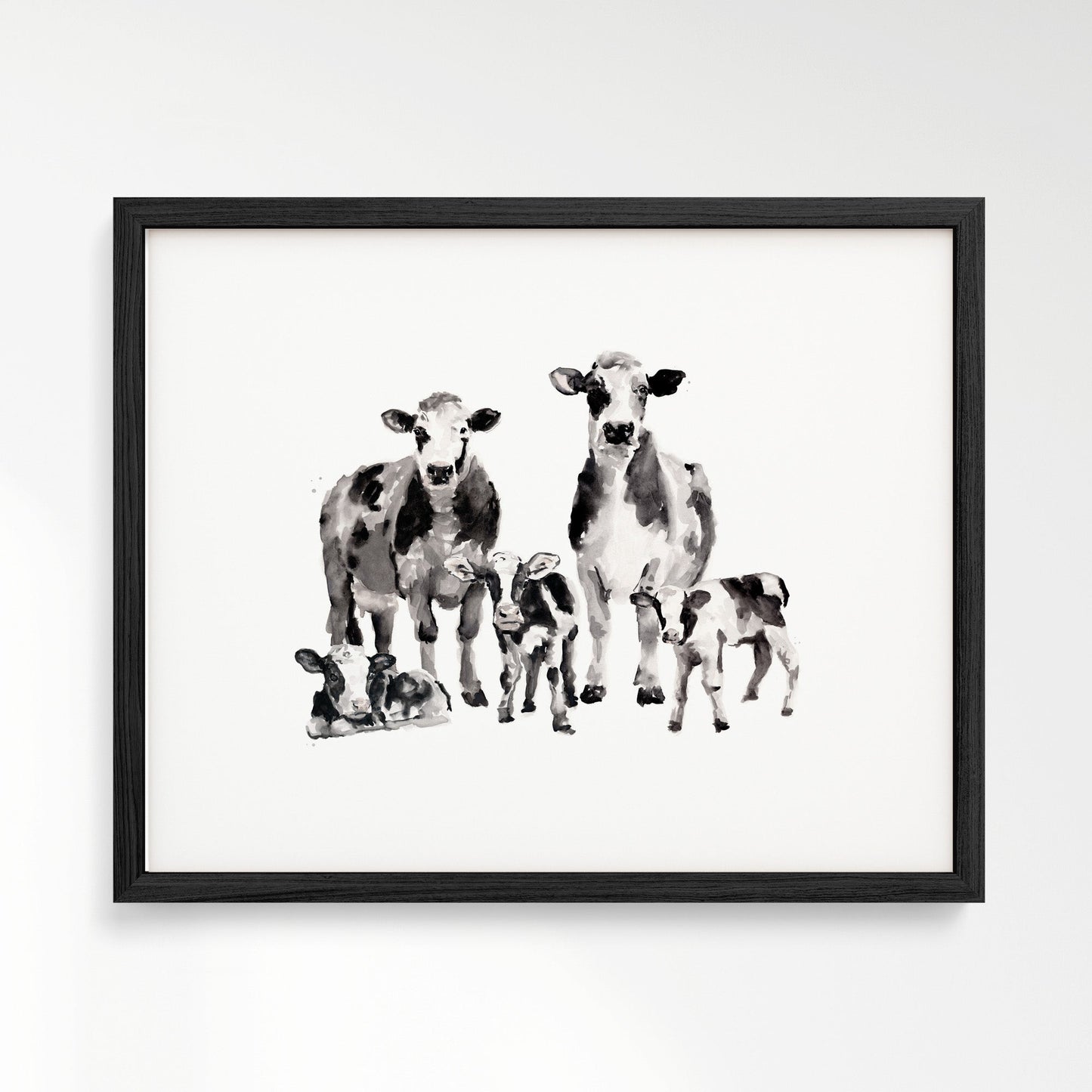Cow Family of 5 Farm Animal Watercolor Art Print - Art Prints - Moon Rock Prints
