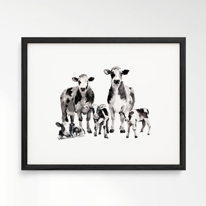 Cow Family of 5 Farm Animal Watercolor Art Print - Art Prints - Moon Rock Prints