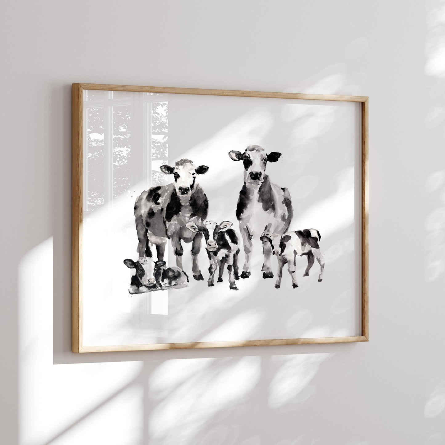 Cow Family of 5 Farm Animal Watercolor Art Print - Art Prints - Moon Rock Prints