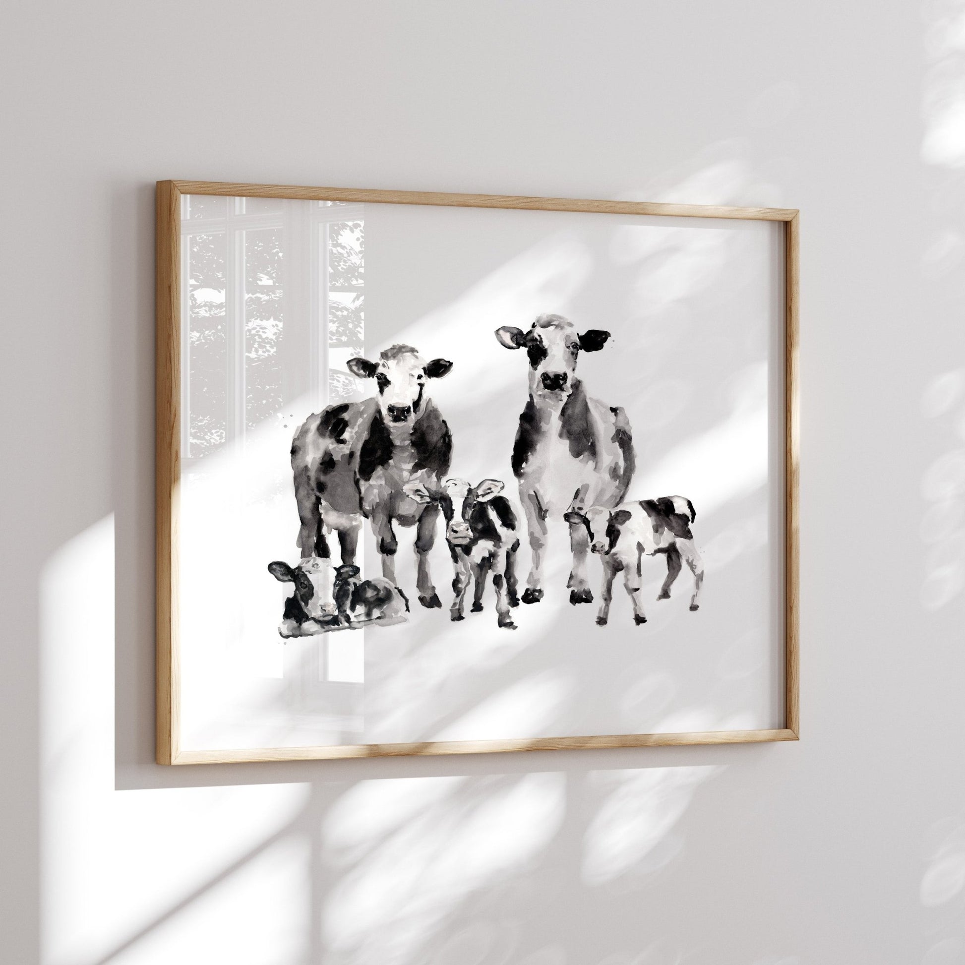 Cow Family of 5 Farm Animal Watercolor Art Print - Art Prints - Moon Rock Prints
