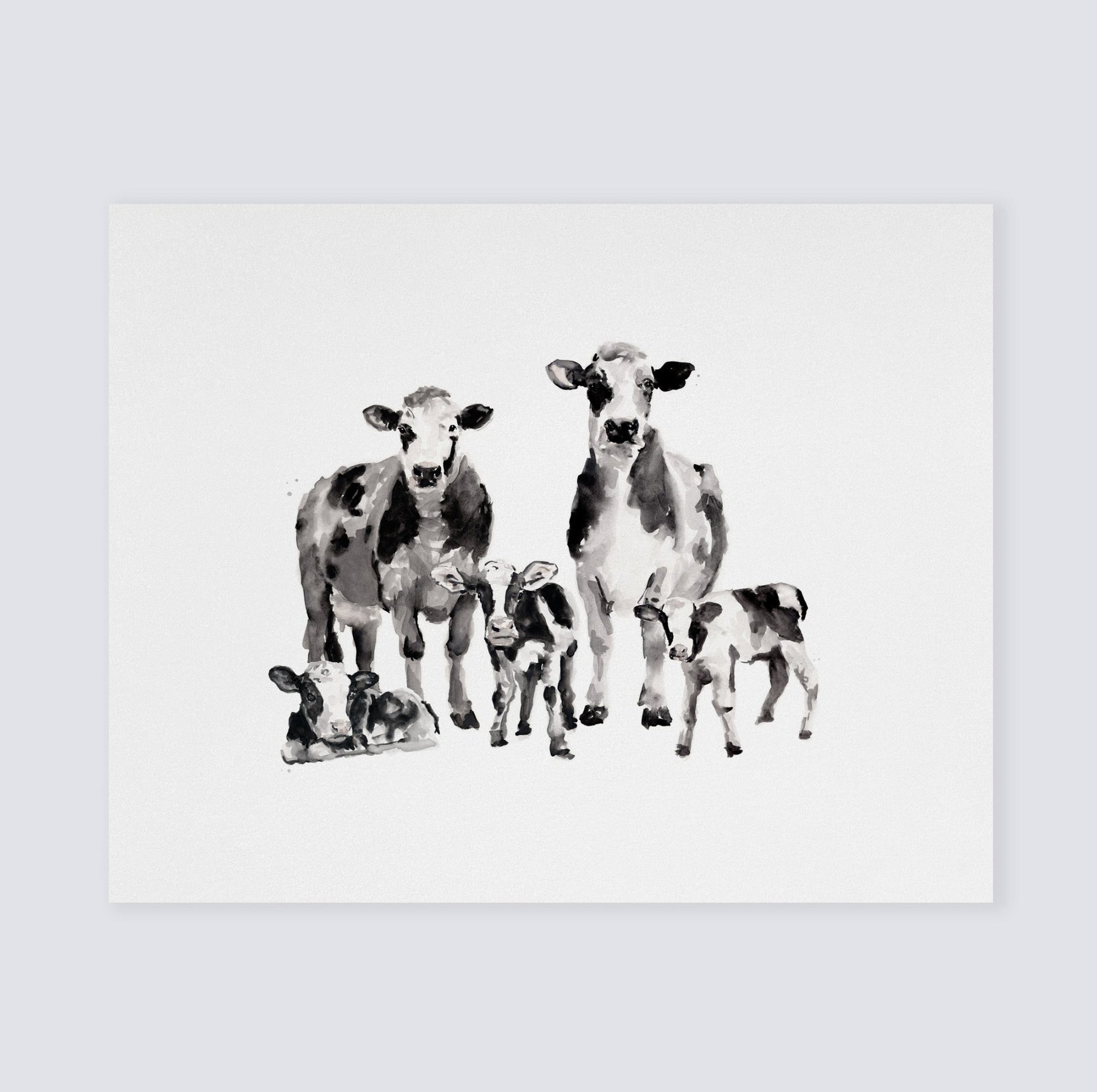 Cow Family of 5 Farm Animal Watercolor Art Print - Art Prints - Moon Rock Prints