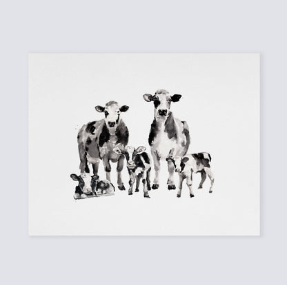 Cow Family of 5 Farm Animal Watercolor Art Print - Art Prints - Moon Rock Prints