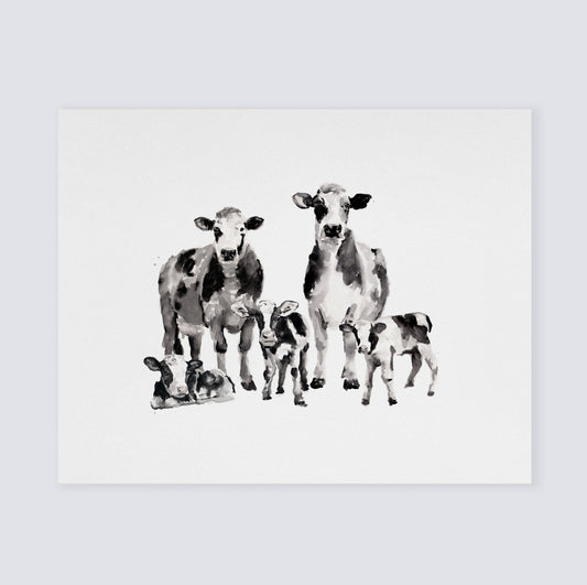 Cow Family of 5 Farm Animal Watercolor Art Print - Art Prints - Moon Rock Prints