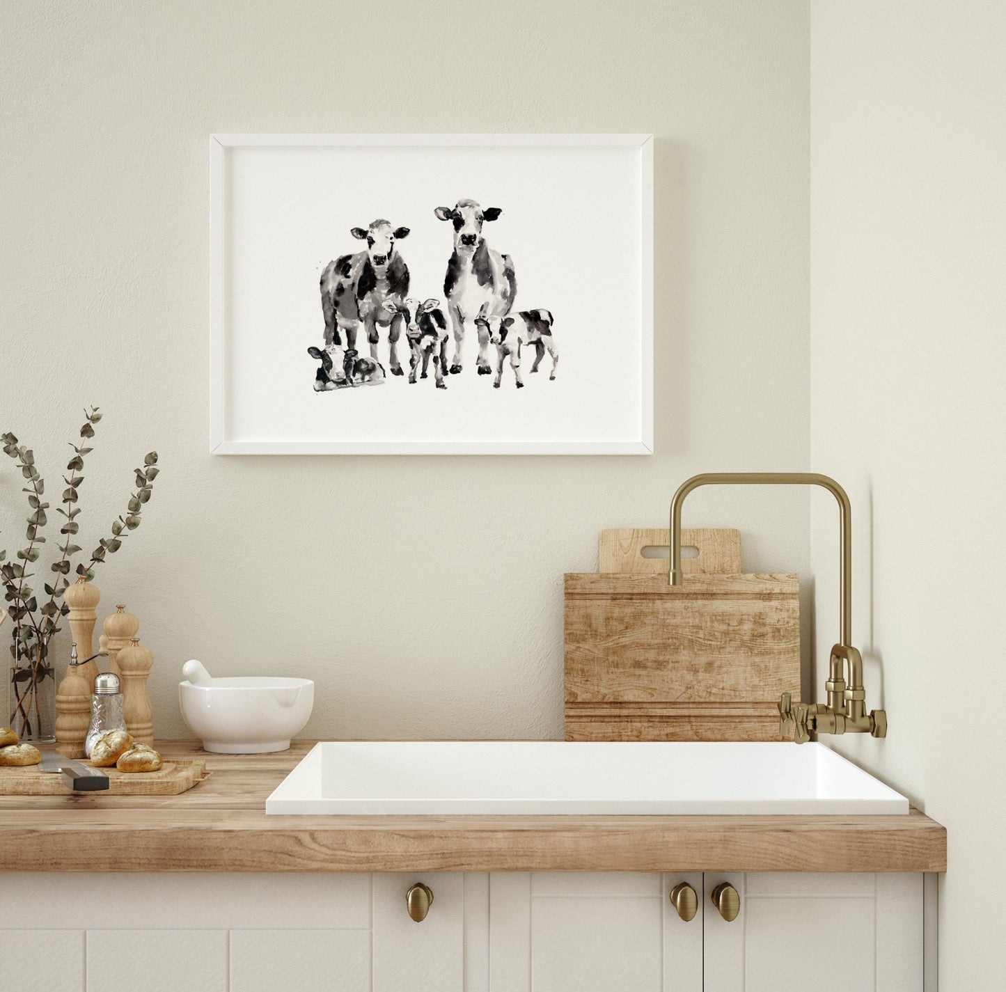 Cow Family of 5 Farm Animal Watercolor Art Print - Art Prints - Moon Rock Prints