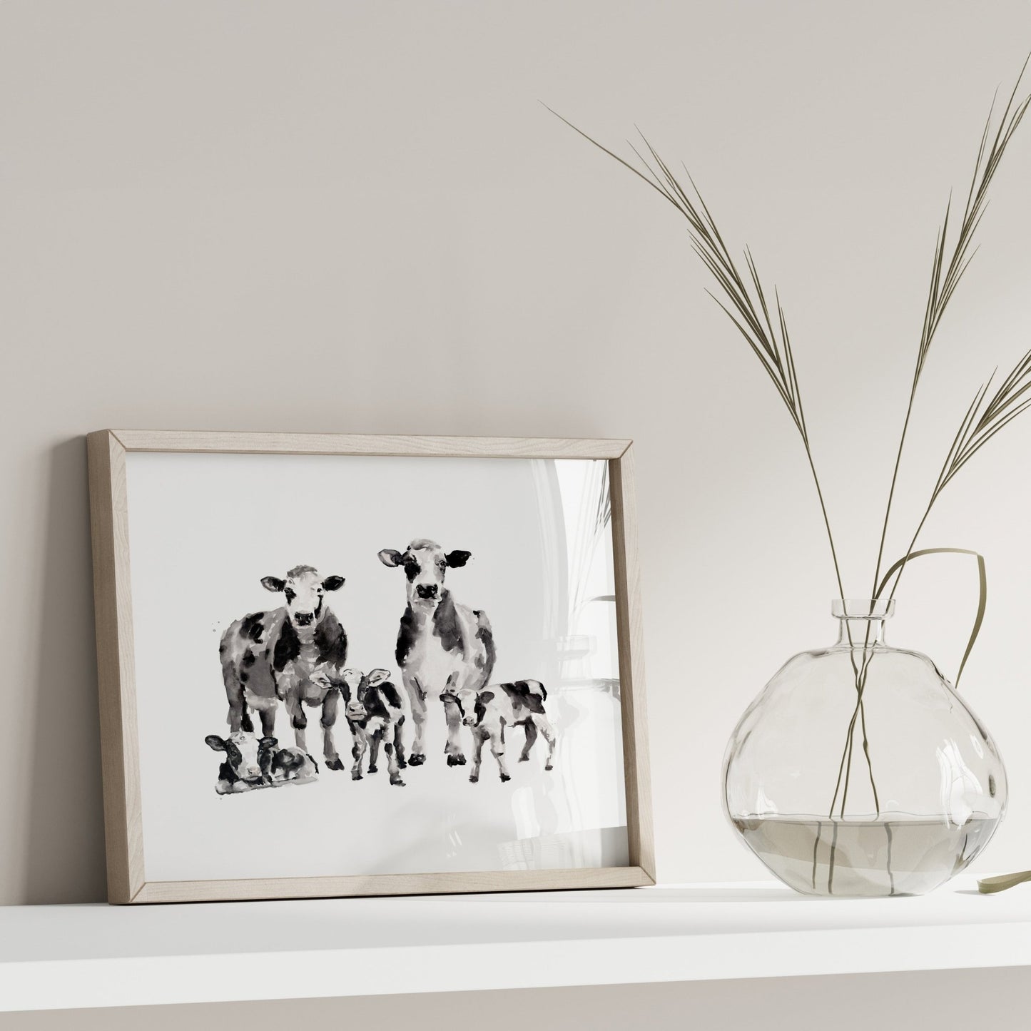 Cow Family of 5 Farm Animal Watercolor Art Print - Art Prints - Moon Rock Prints