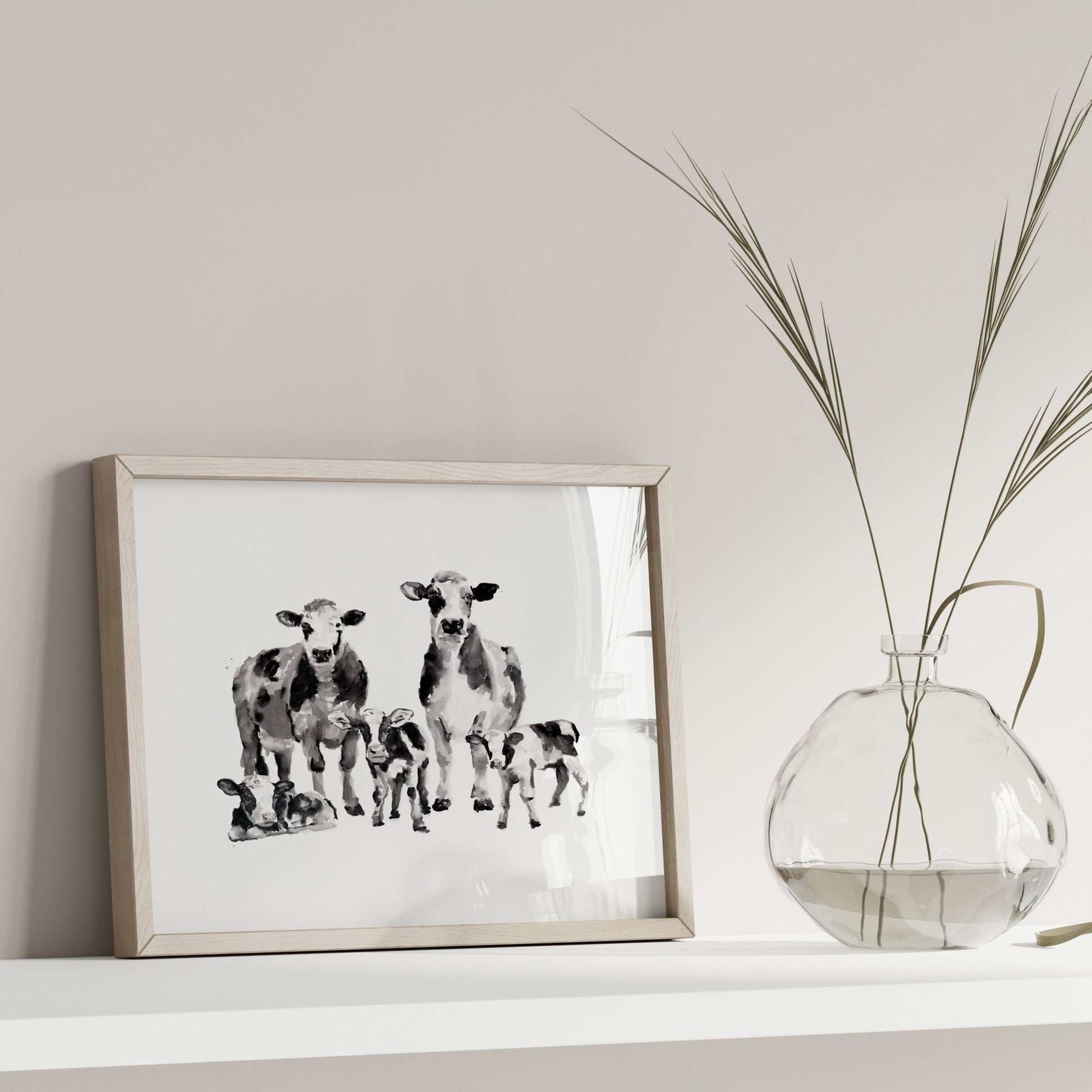 Cow Family of 5 Farm Animal Watercolor Art Print - Art Prints - Moon Rock Prints
