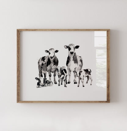 Cow Family of 5 Watercolor Art Print - Art Prints - Moon Rock Prints