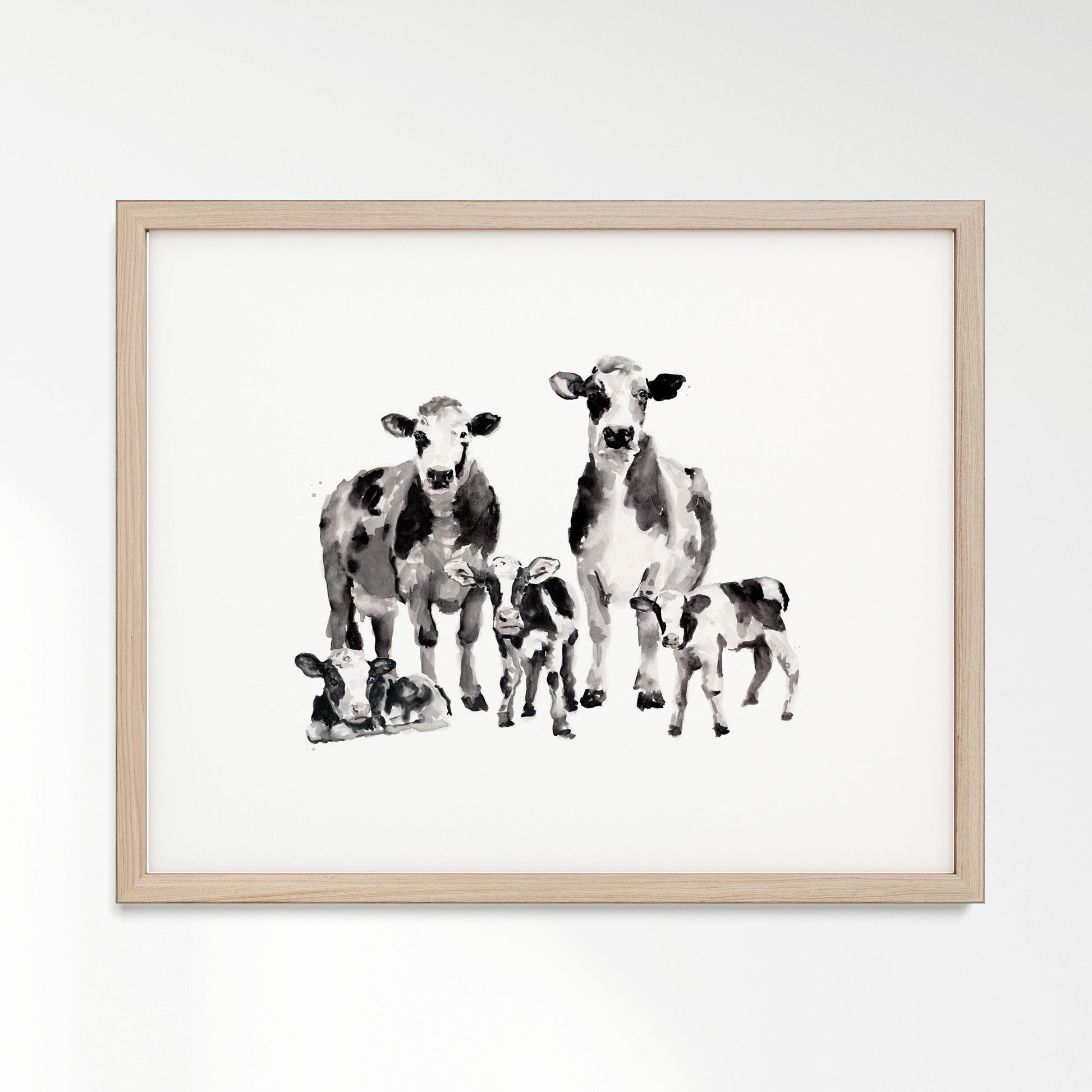 Cow Family of 5 Watercolor Art Print - Art Prints - Moon Rock Prints