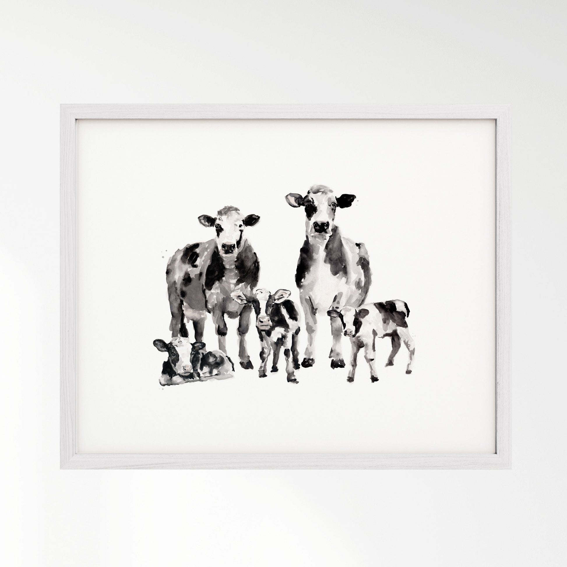 Cow Family of 5 Watercolor Art Print - Art Prints - Moon Rock Prints