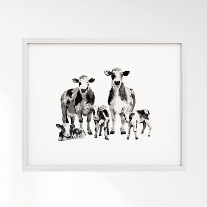 Cow Family of 5 Watercolor Art Print - Art Prints - Moon Rock Prints