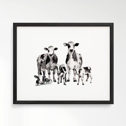 Cow Family of 5 Watercolor Art Print - Art Prints - Moon Rock Prints
