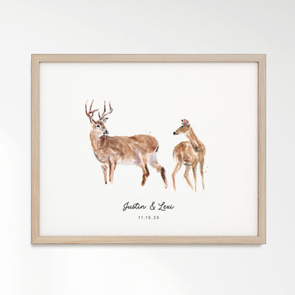 Deer Couple Personalized Watercolor Art Print - Art Prints - Moon Rock Prints