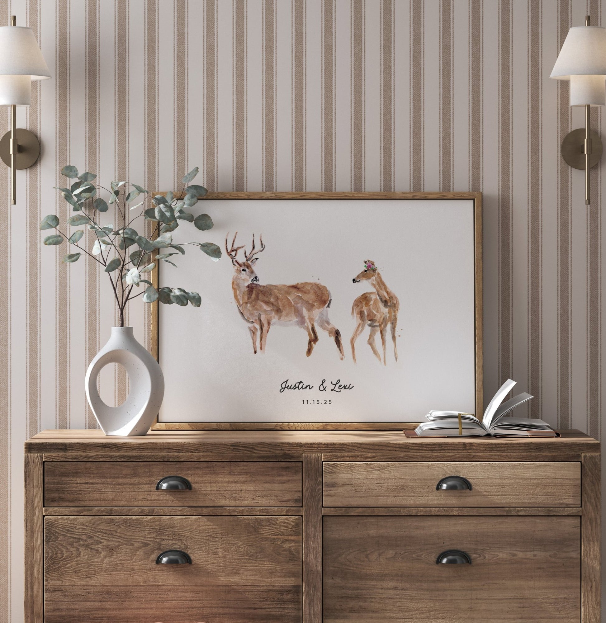 Deer Couple Personalized Watercolor Art Print - Art Prints - Moon Rock Prints