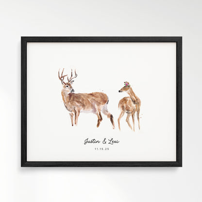 Deer Couple Personalized Watercolor Art Print - Art Prints - Moon Rock Prints