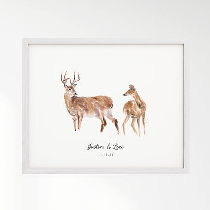Deer Couple Personalized Watercolor Art Print - Art Prints - Moon Rock Prints