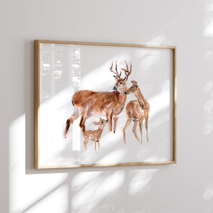 Deer Family of 3 Woodland Animal Watercolor Art Print - Art Prints - Moon Rock Prints