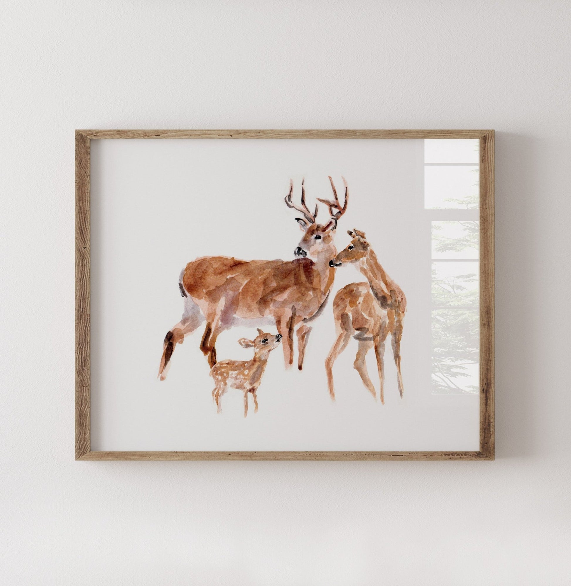 Deer Family of 3 Woodland Animal Watercolor Art Print - Art Prints - Moon Rock Prints