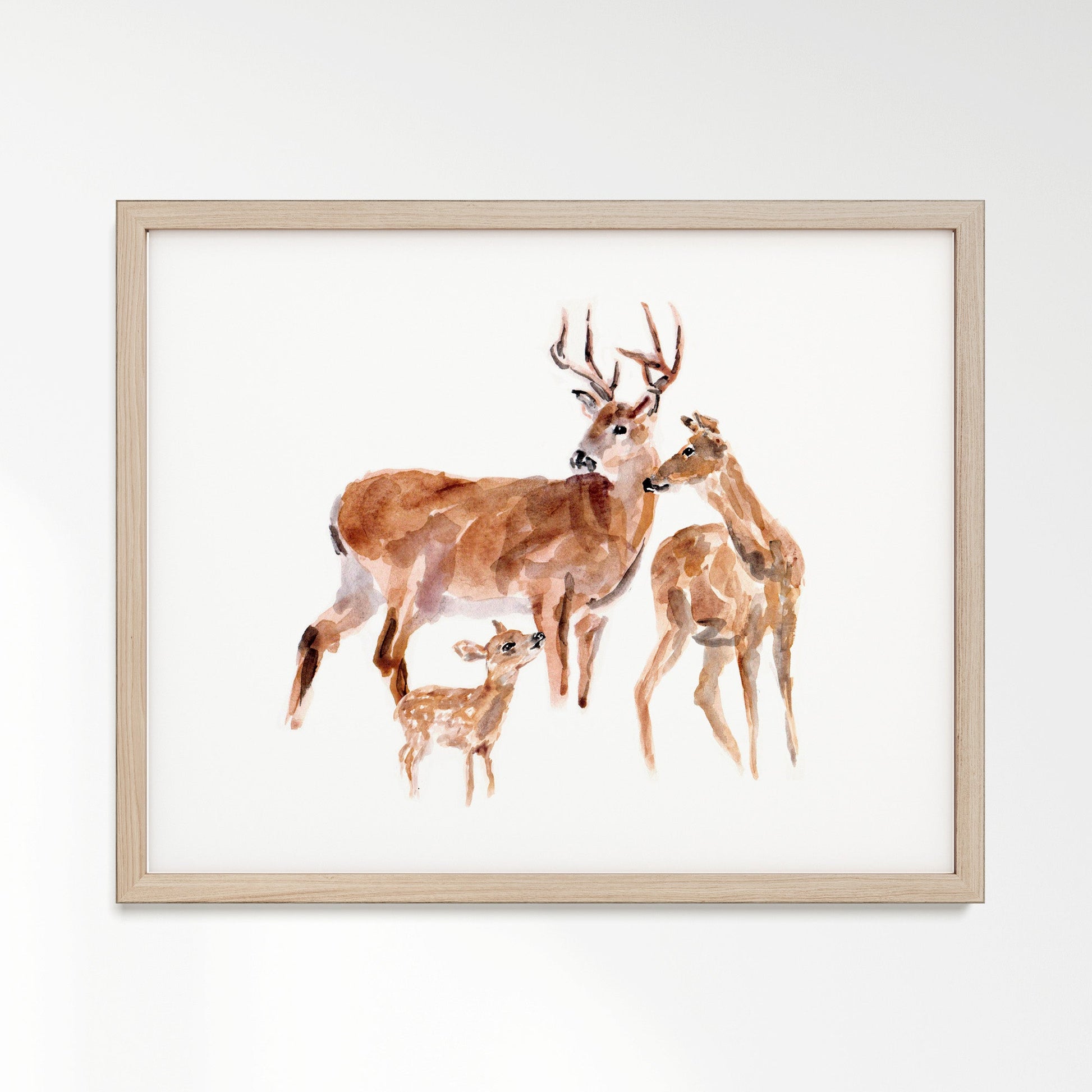 Deer Family of 3 Woodland Animal Watercolor Art Print - Art Prints - Moon Rock Prints