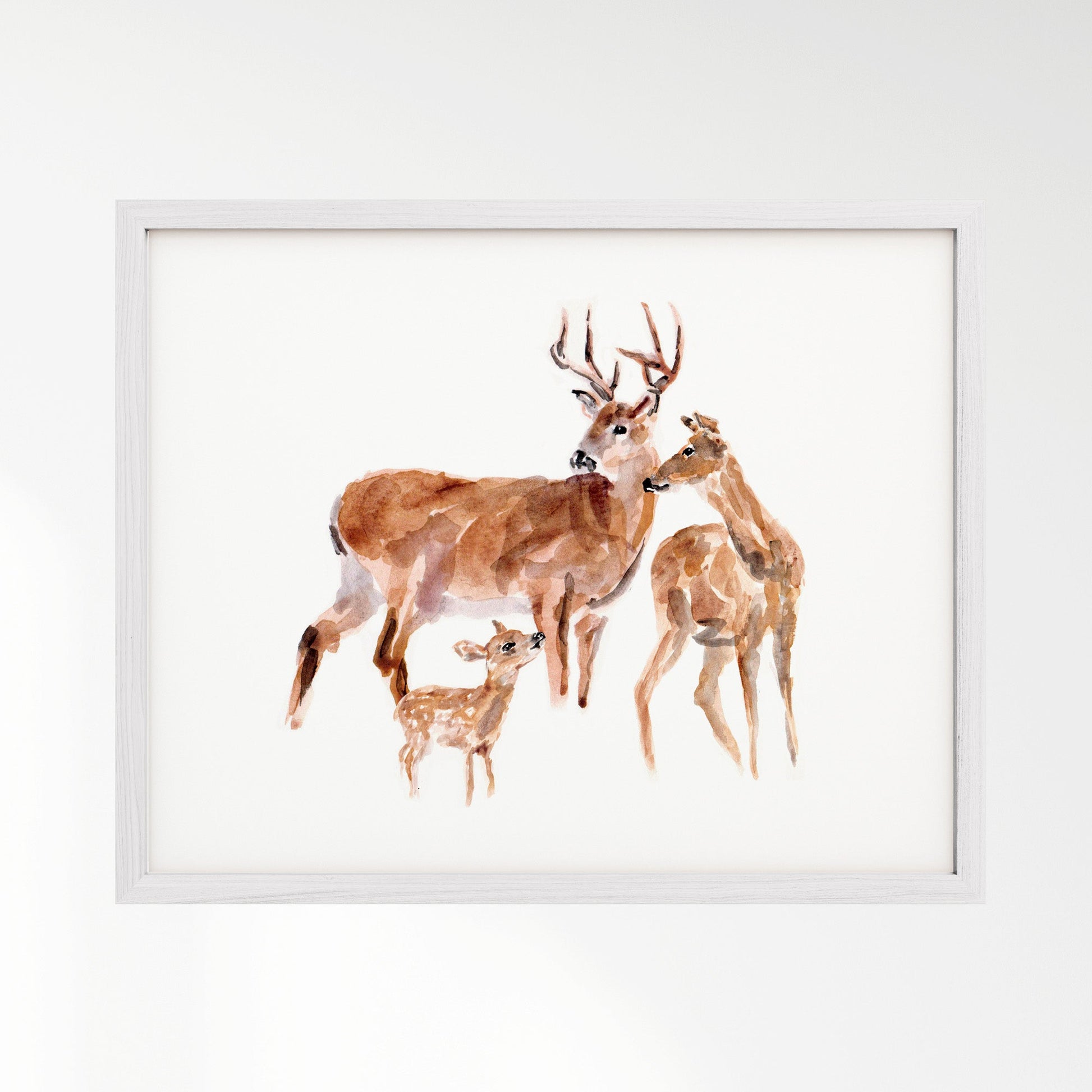 Deer Family of 3 Woodland Animal Watercolor Art Print - Art Prints - Moon Rock Prints