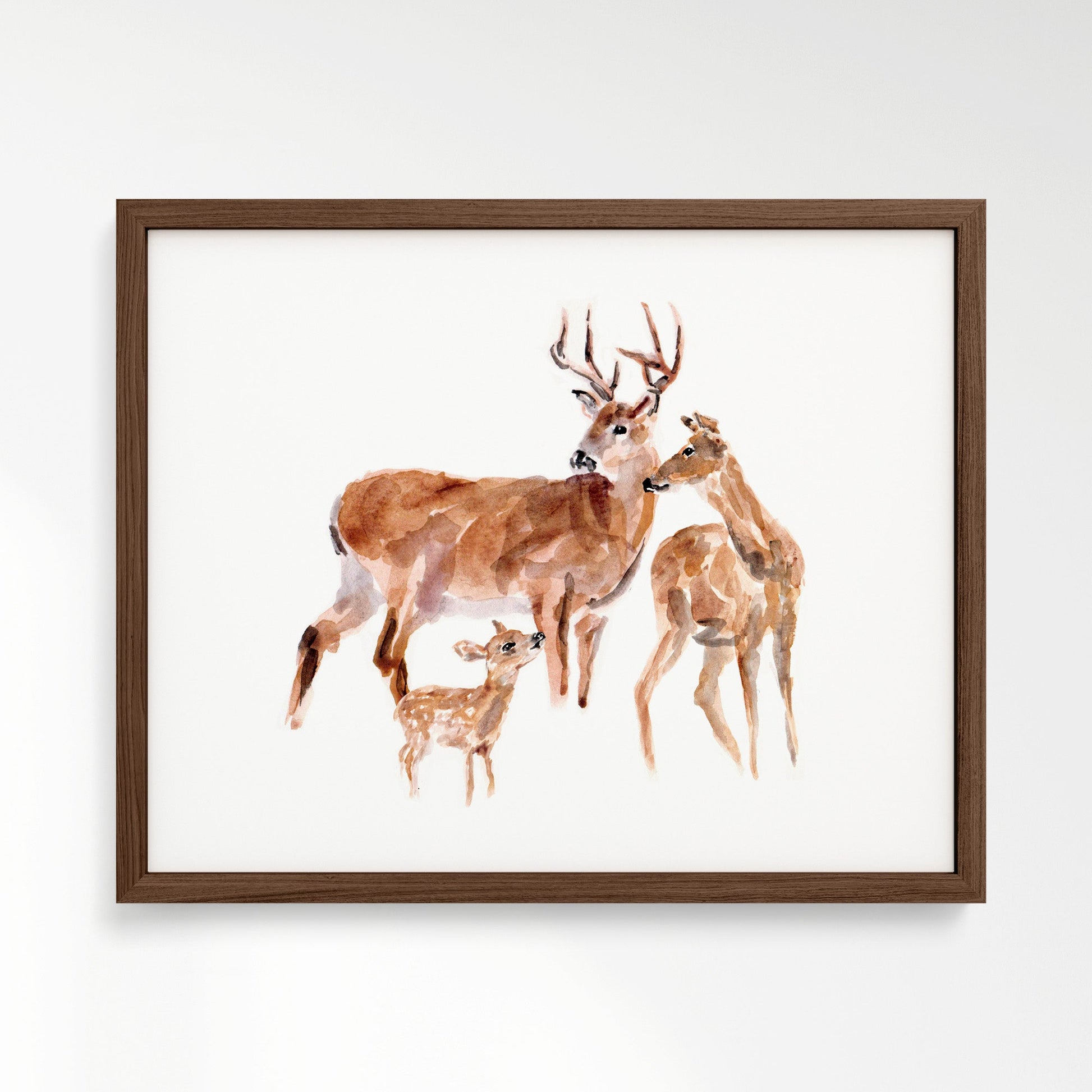 Deer Family of 3 Woodland Animal Watercolor Art Print - Art Prints - Moon Rock Prints