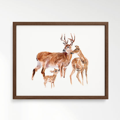 Deer Family of 3 Woodland Animal Watercolor Art Print - Art Prints - Moon Rock Prints