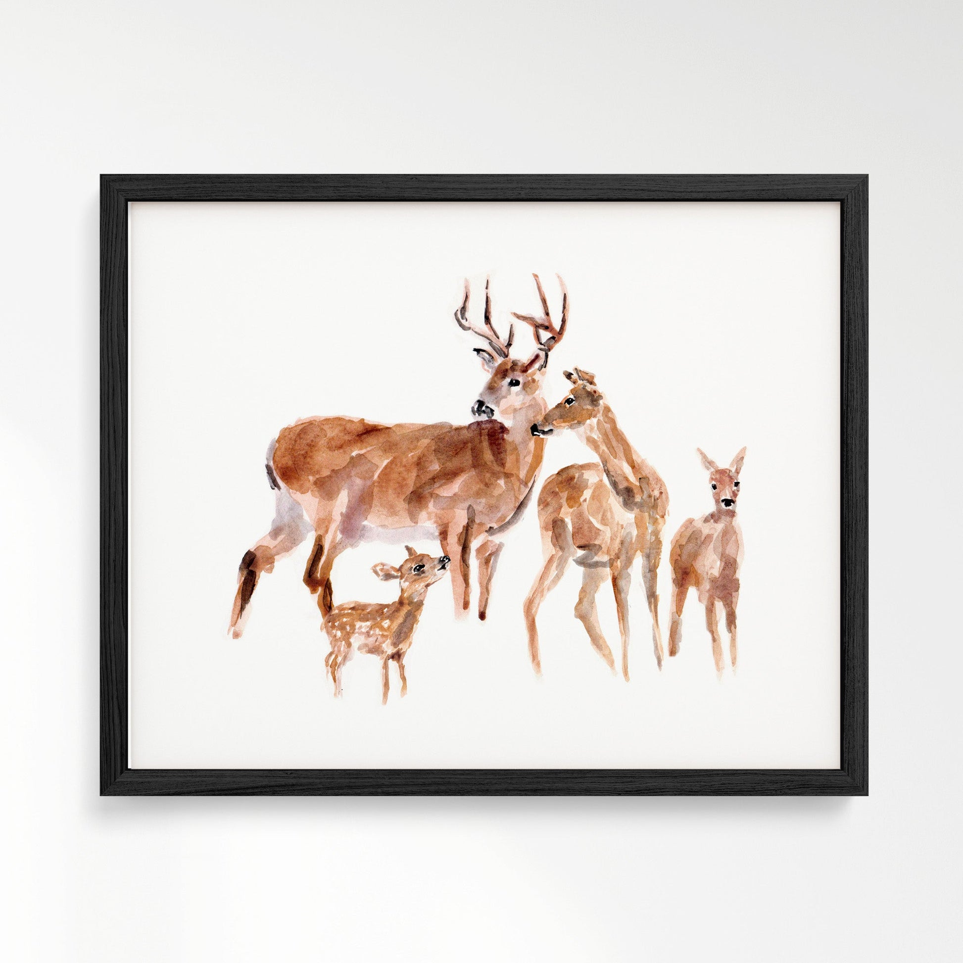 Deer Family of 4 Woodland Animal Watercolor Art Print - Art Prints - Moon Rock Prints