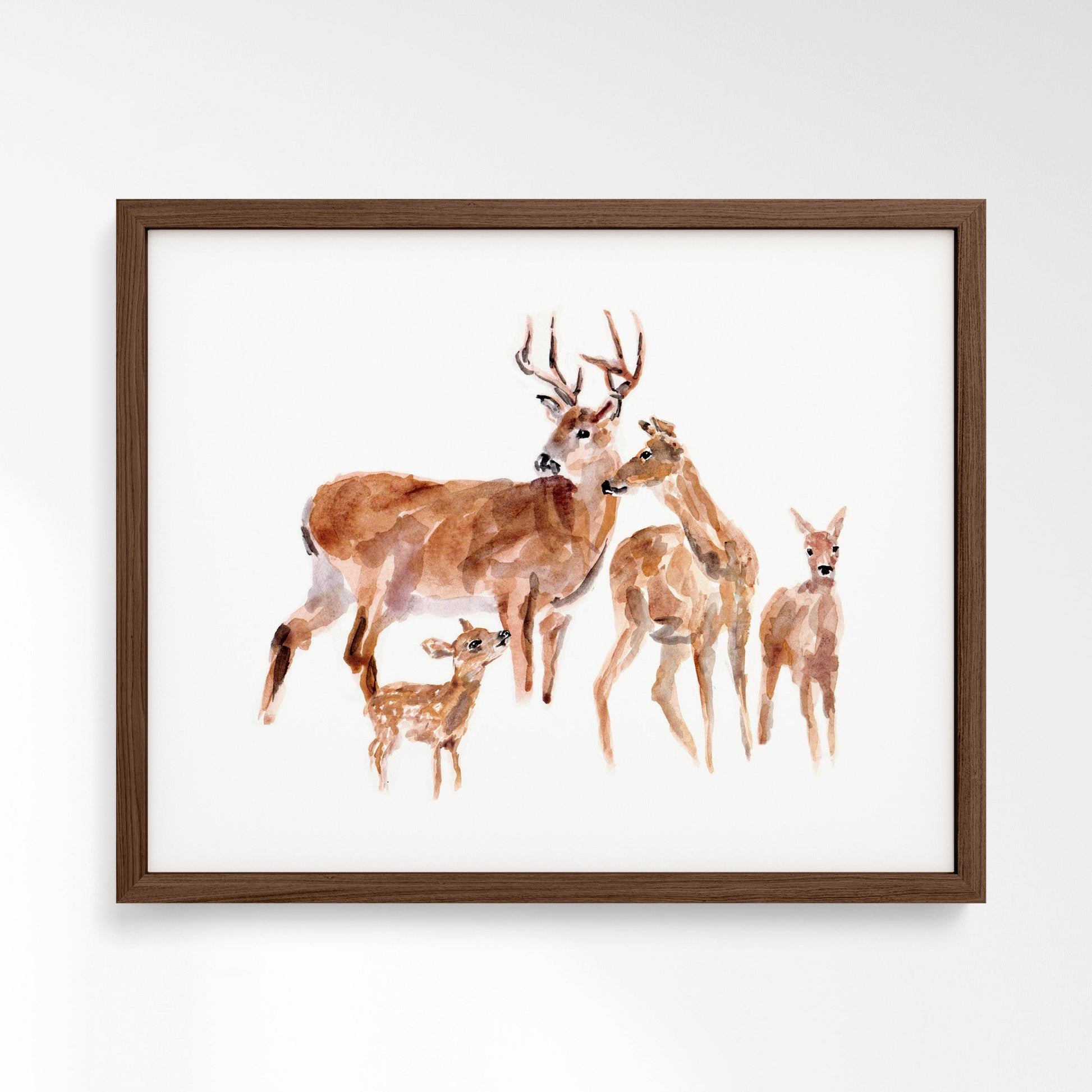 Deer Family of 4 Woodland Animal Watercolor Art Print - Art Prints - Moon Rock Prints
