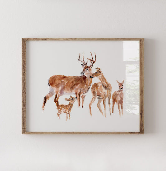 Deer Family of 4 Woodland Animal Watercolor Art Print - Art Prints - Moon Rock Prints