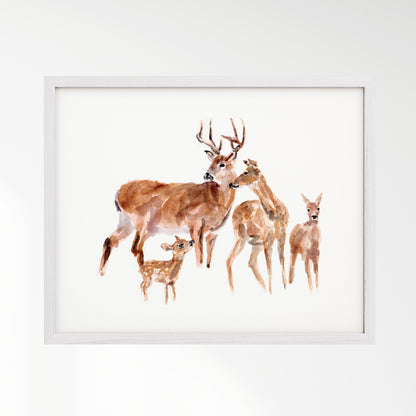 Deer Family of 4 Woodland Animal Watercolor Art Print - Art Prints - Moon Rock Prints