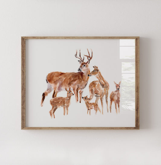 Deer Family of 5 Woodland Animal Watercolor Art Print - Art Prints - Moon Rock Prints