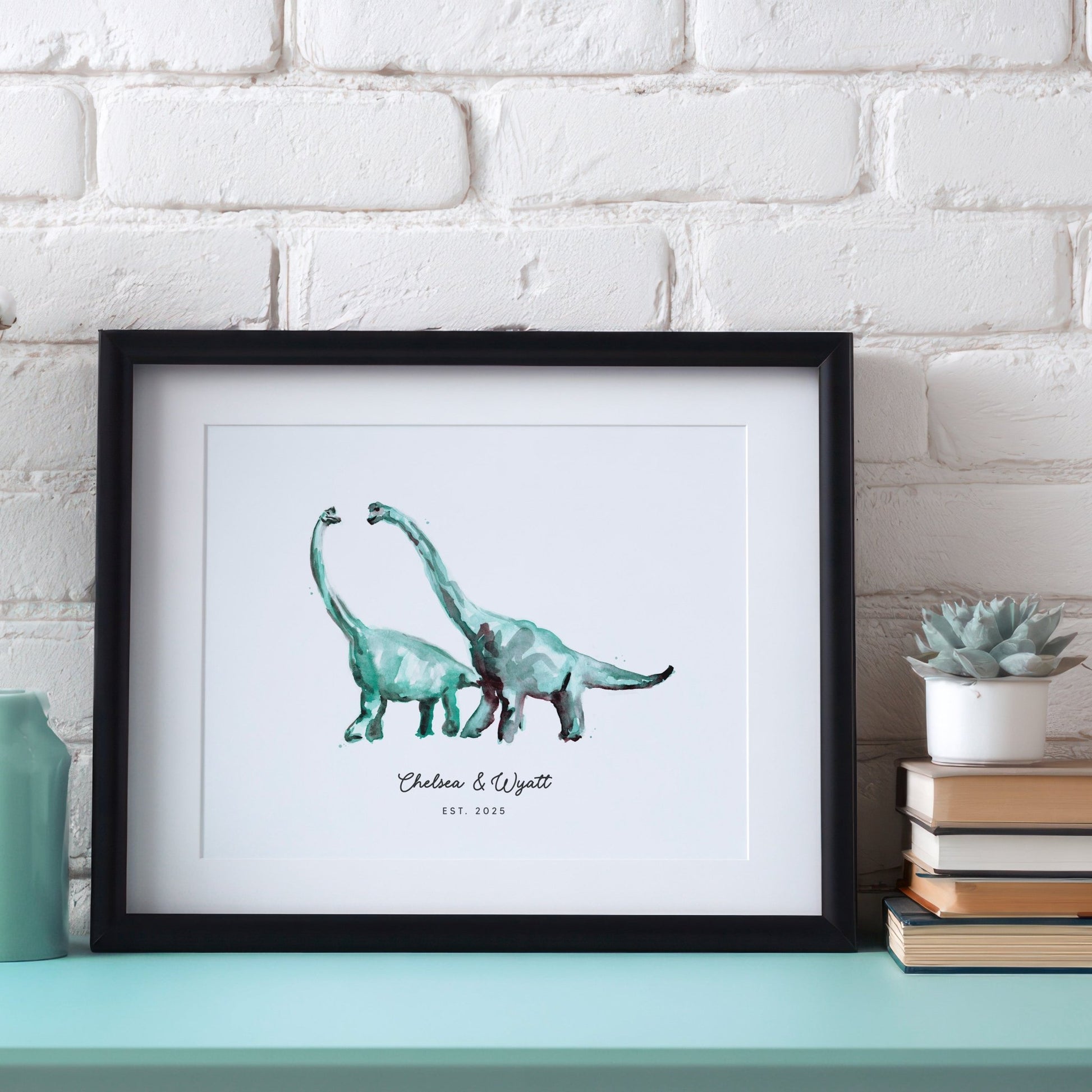 Dinosaur Couple Personalized Watercolor Art Print - Art Prints - Moon Rock Prints