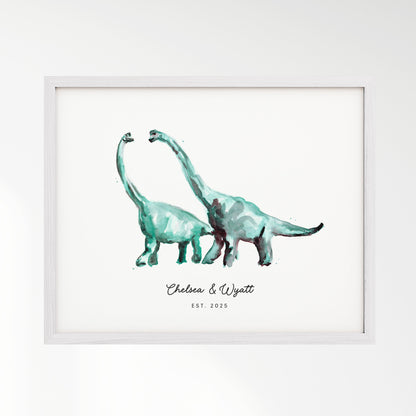 Dinosaur Couple Personalized Watercolor Art Print - Art Prints - Moon Rock Prints