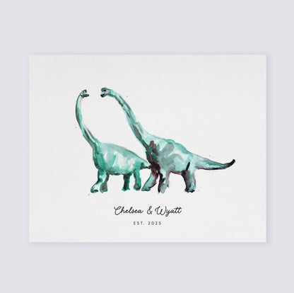 Dinosaur Couple Personalized Watercolor Art Print - Art Prints - Moon Rock Prints