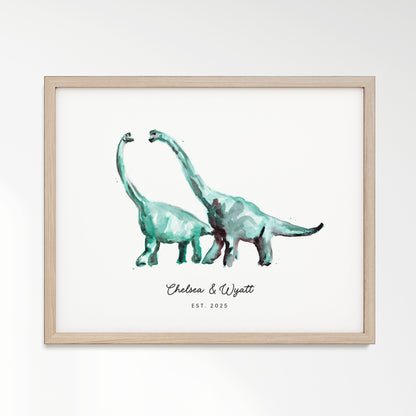Dinosaur Couple Personalized Watercolor Art Print - Art Prints - Moon Rock Prints