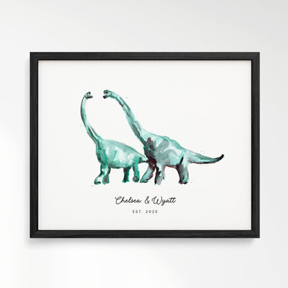 Dinosaur Couple Personalized Watercolor Art Print - Art Prints - Moon Rock Prints