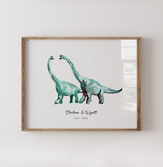 Dinosaur Couple Personalized Watercolor Art Print - Art Prints - Moon Rock Prints