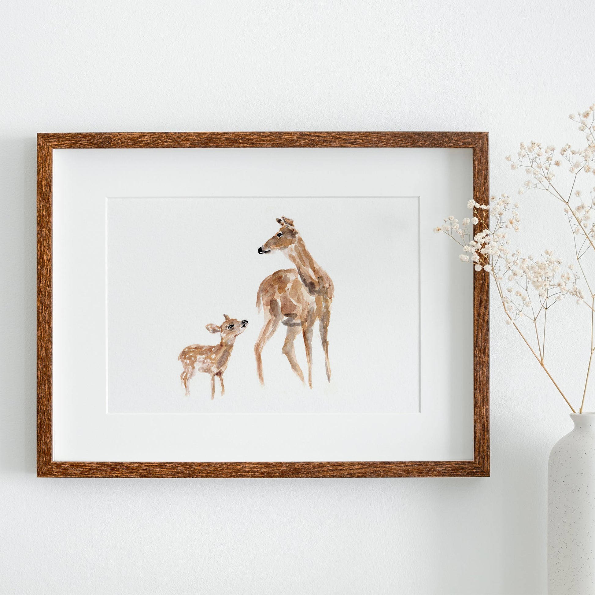 Doe & Fawn Woodland Animal Watercolor Art Print - Art Prints - Moon Rock Prints