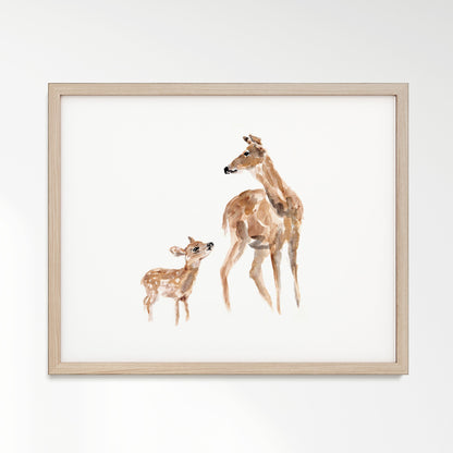 Doe & Fawn Woodland Animal Watercolor Art Print - Art Prints - Moon Rock Prints