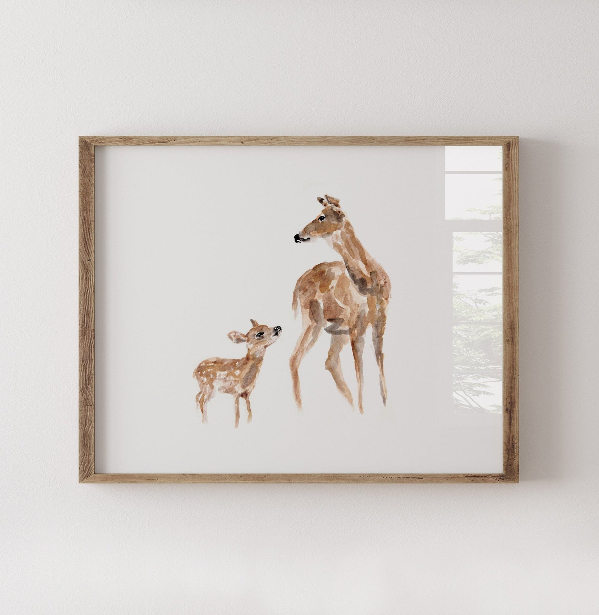 Doe & Fawn Woodland Animal Watercolor Art Print - Art Prints - Moon Rock Prints