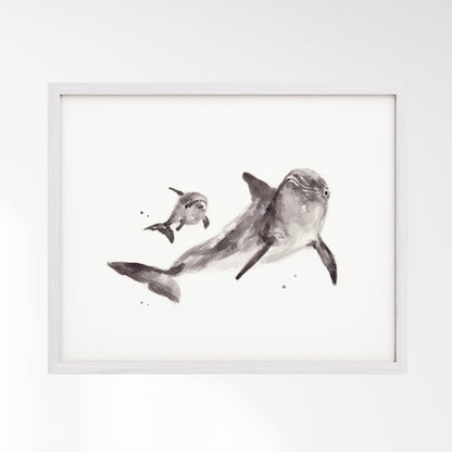 Dolphin & Baby Dolphin Watercolor Art Print - Art Prints - Moon Rock Prints