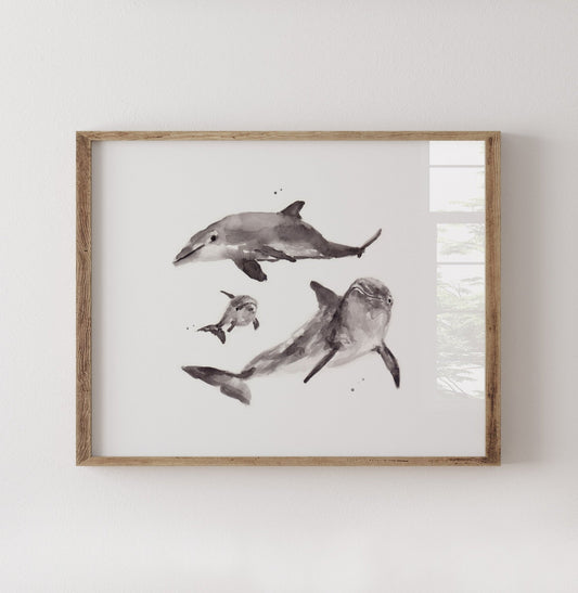 Dolphin Family of 3 Ocean Animal Watercolor Art Print - Art Prints - Moon Rock Prints