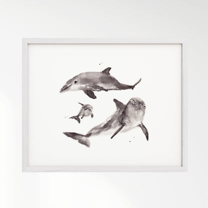 Dolphin Family of 3 Ocean Animal Watercolor Art Print - Art Prints - Moon Rock Prints