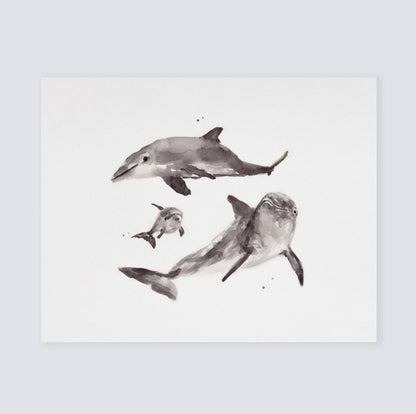 Dolphin Family of 3 Ocean Animal Watercolor Art Print - Art Prints - Moon Rock Prints