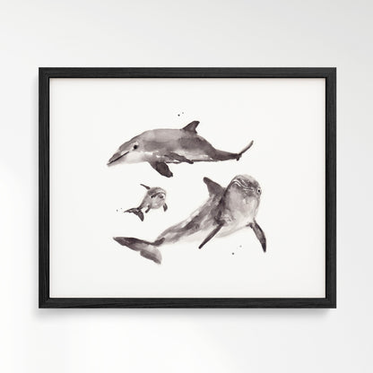 Dolphin Family of 3 Ocean Animal Watercolor Art Print - Art Prints - Moon Rock Prints