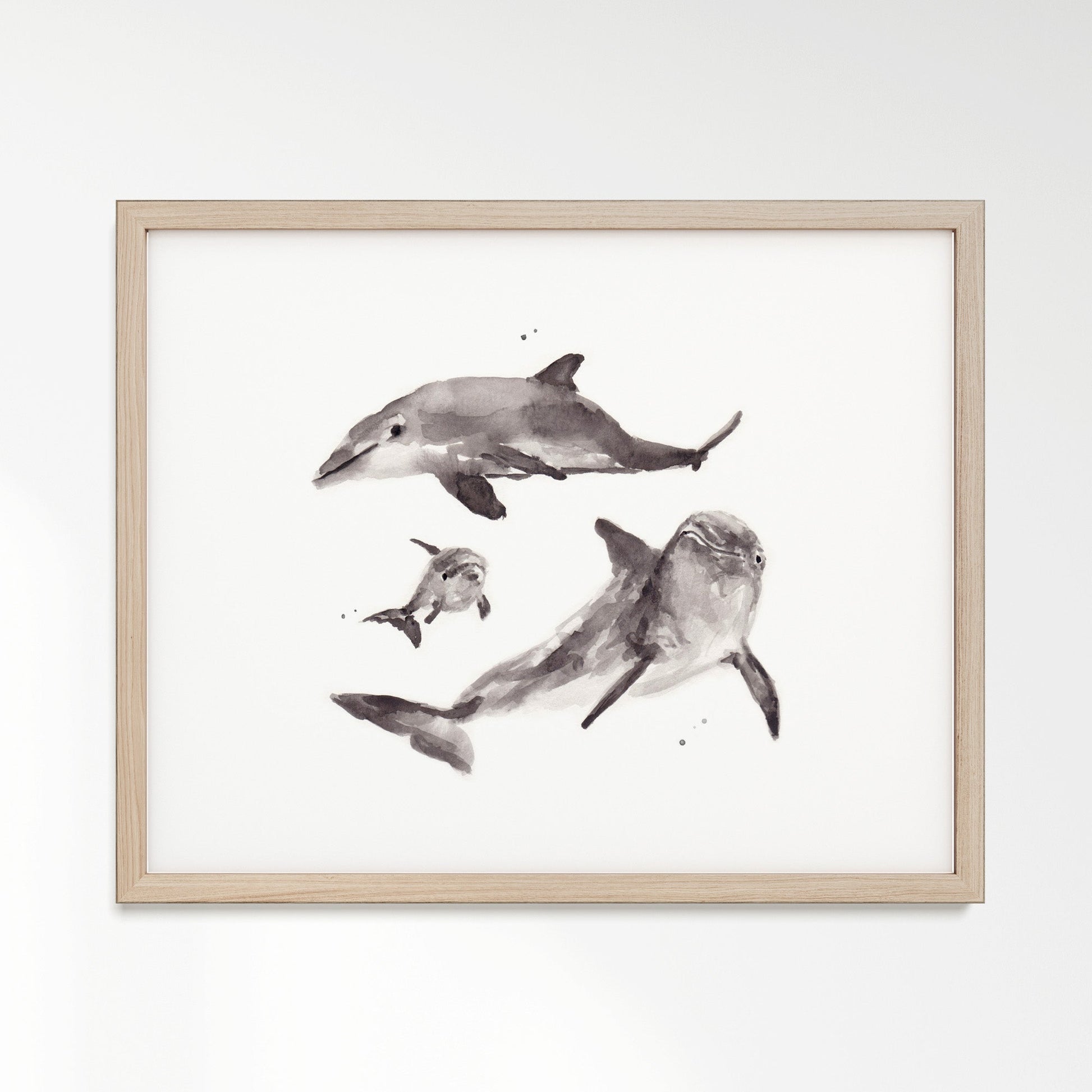Dolphin Family of 3 Ocean Animal Watercolor Art Print - Art Prints - Moon Rock Prints