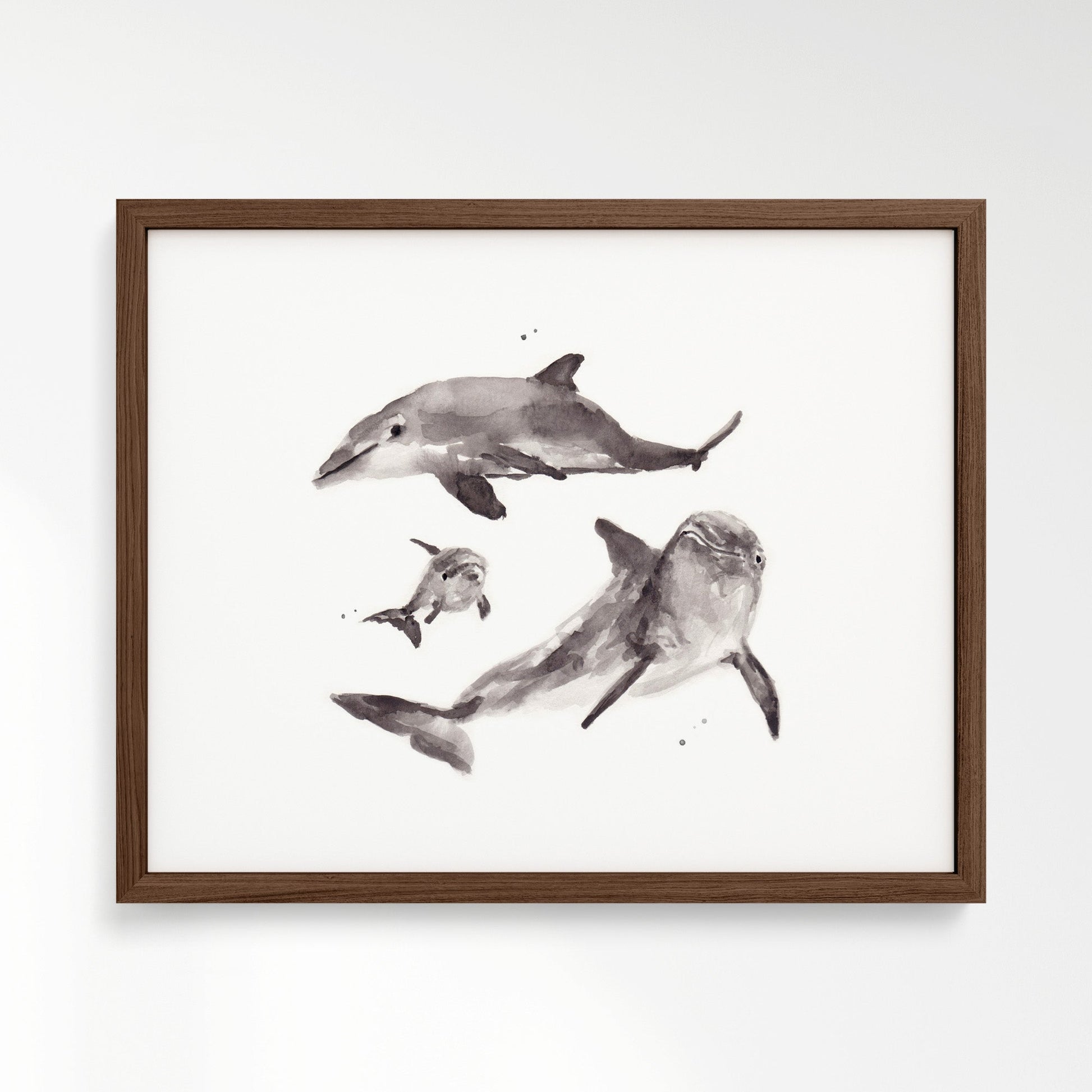 Dolphin Family of 3 Ocean Animal Watercolor Art Print - Art Prints - Moon Rock Prints