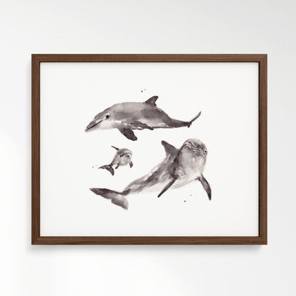 Dolphin Family of 3 Ocean Animal Watercolor Art Print - Art Prints - Moon Rock Prints