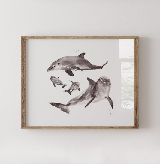 Dolphin Family of 4 Ocean Animal Watercolor Art Print - Art Prints - Moon Rock Prints