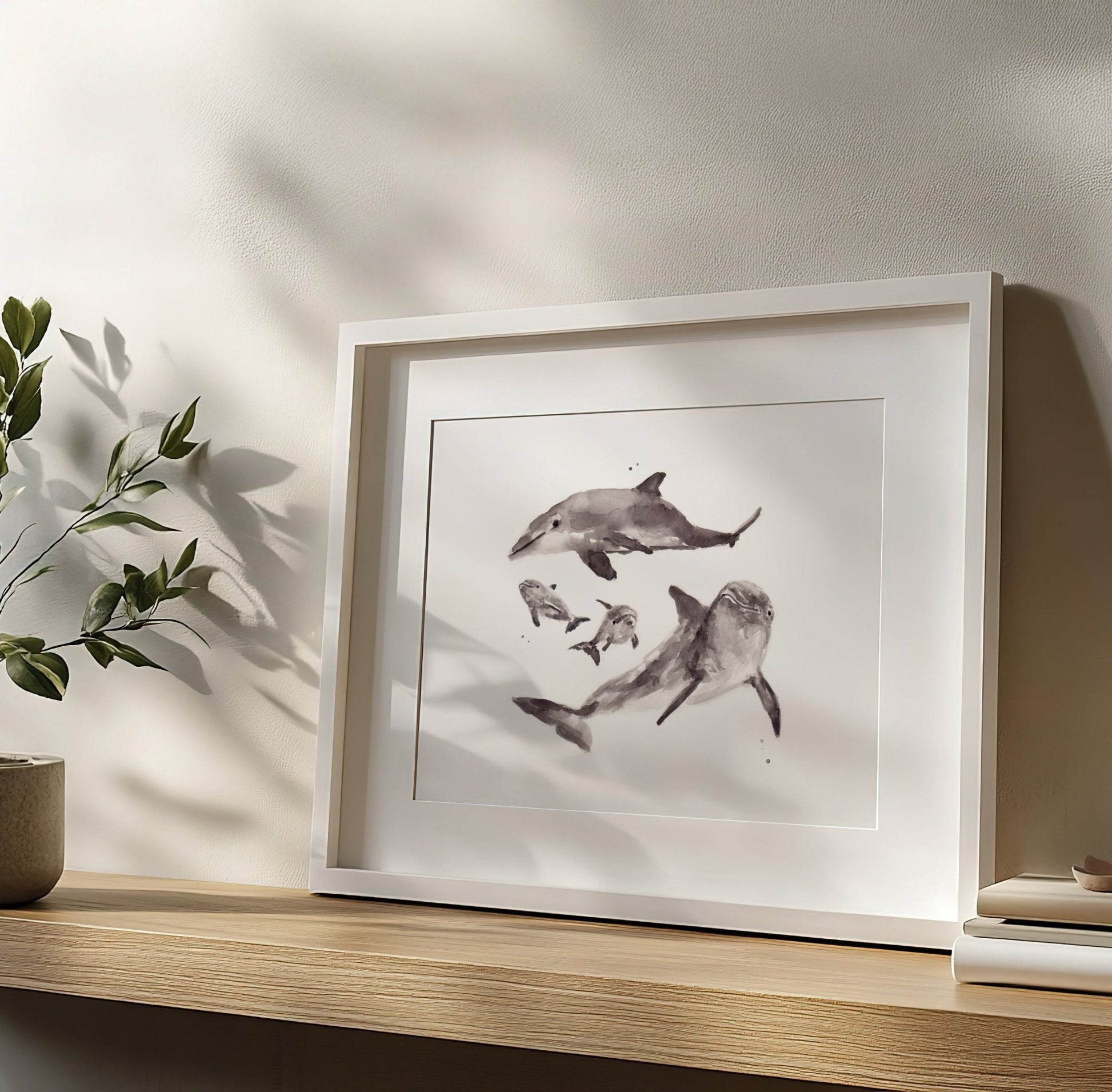 Dolphin Family of 4 Ocean Animal Watercolor Art Print - Art Prints - Moon Rock Prints